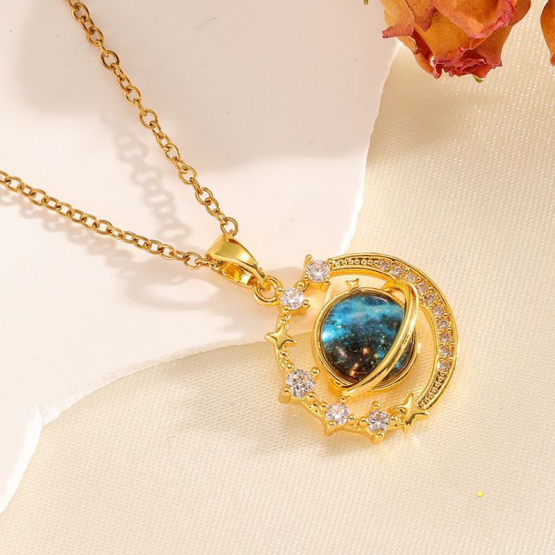 Necklace #2 304 Stainless Steel Diamond-encrusted Heart And Moon Necklace