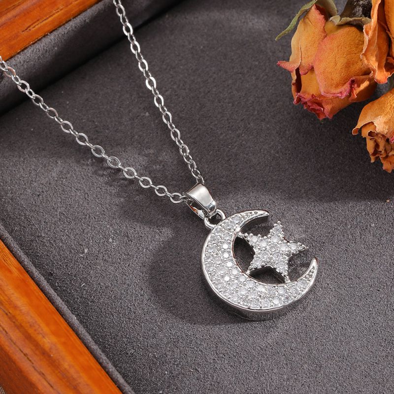 Necklace #2 304 Stainless Steel Diamond-encrusted Heart And Moon Necklace