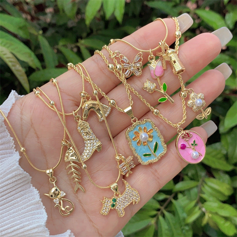 Necklace 2# Copper-gilt And Diamond-studded Floral Windmill Necklace