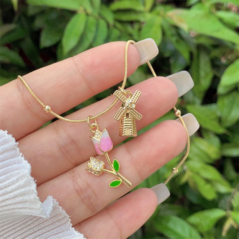 Necklace 2# Copper-gilt And Diamond-studded Floral Windmill Necklace