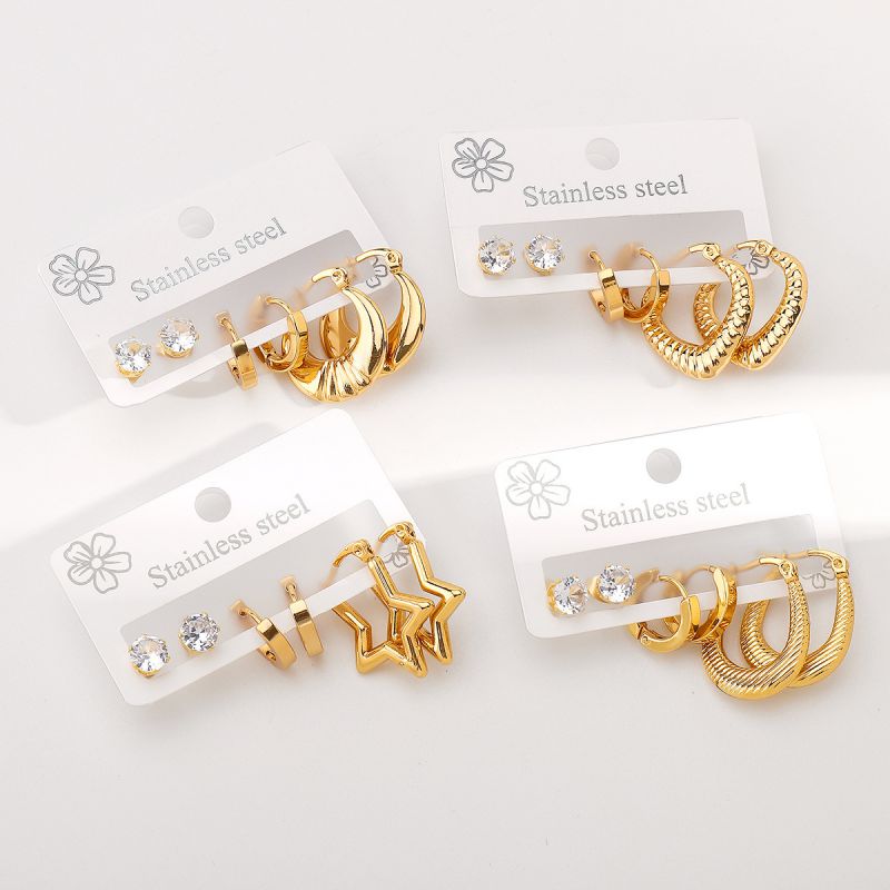 Oval Stainless Steel Diamond Oval Five-pointed Star Heart Geometric Earrings Set