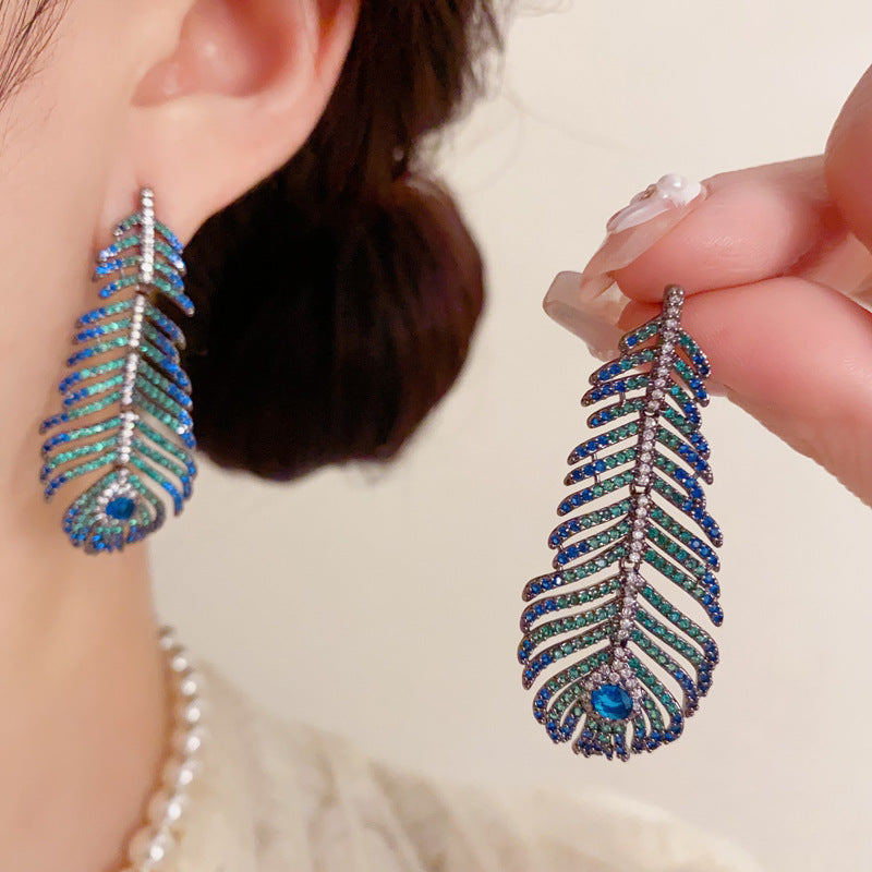Peacock Feather Tassel Earrings (thickened Black Electroplating) Copper And Diamond-encrusted Feather Earrings