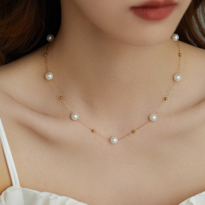 Pearl And Gold Beads Necklace Gold Titanium Steel Pearl And Gold Bead Necklace