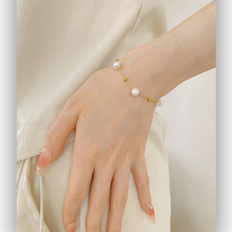 Pearl And Gold Beads Necklace Gold Titanium Steel Pearl And Gold Bead Necklace