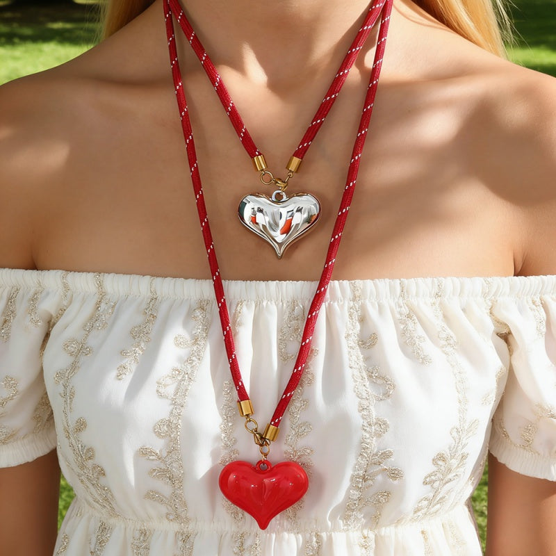 Pink Resin Heart Striped Elastic Cord Necklace