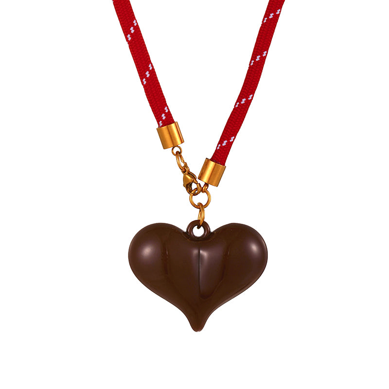 Pink Resin Heart Striped Elastic Cord Necklace