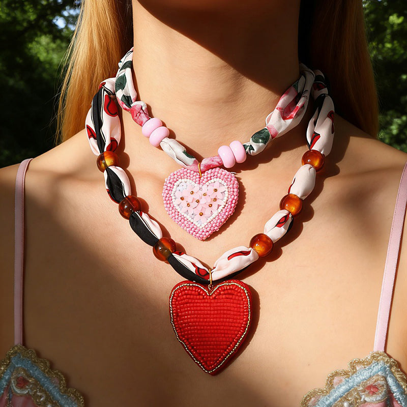 Pink Rice Bead Heart Flower Non-woven Printed Fabric Beaded Necklace