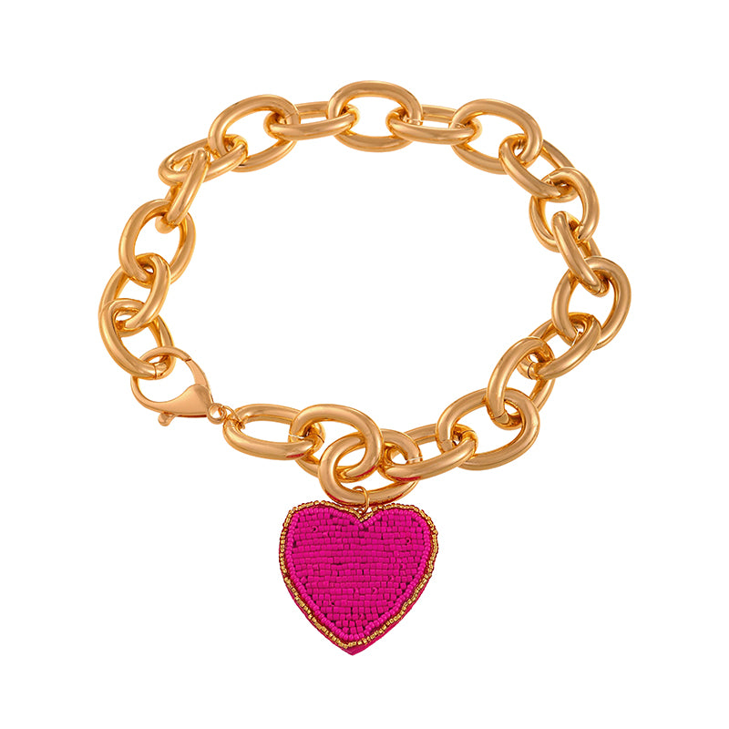 Pink Rice Bead Heart Non-woven Alloy Chunky Chain Necklace