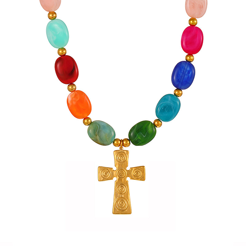 Pink Titanium Steel Heart-shaped Resin Beaded Necklace