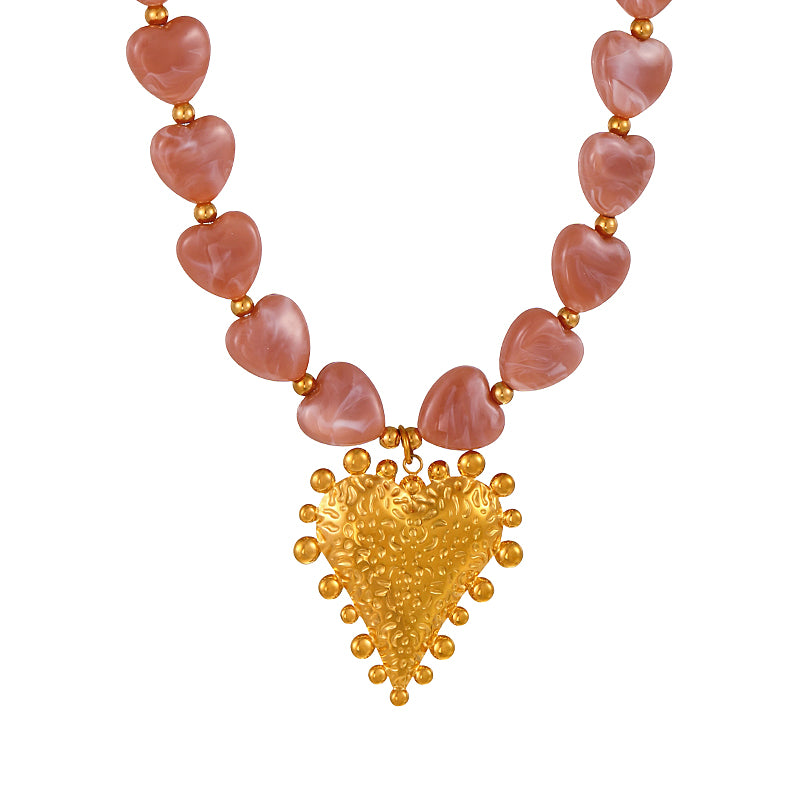 Pink Titanium Steel Heart-shaped Resin Beaded Necklace