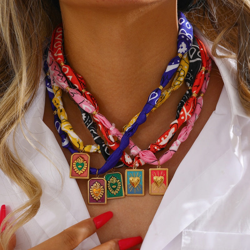 Pink Titanium Steel Oil Drop Square Heart Printed Fabric Necklace