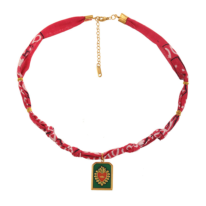 Pink Titanium Steel Oil Drop Square Heart Printed Fabric Necklace