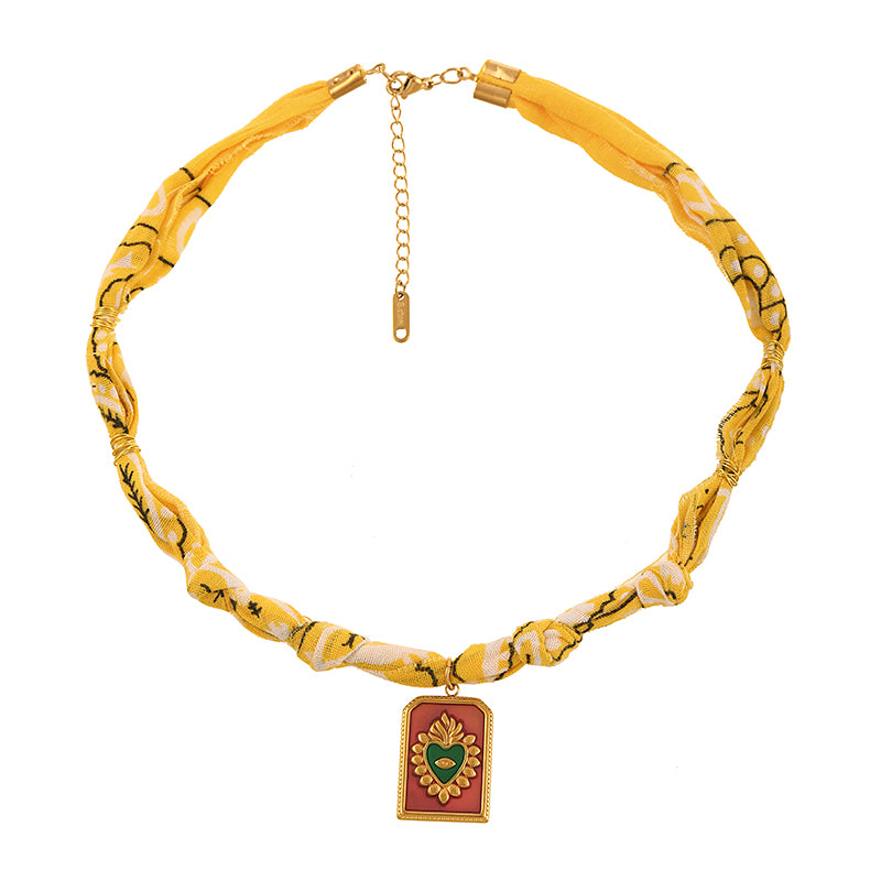 Pink Titanium Steel Oil Drop Square Heart Printed Fabric Necklace