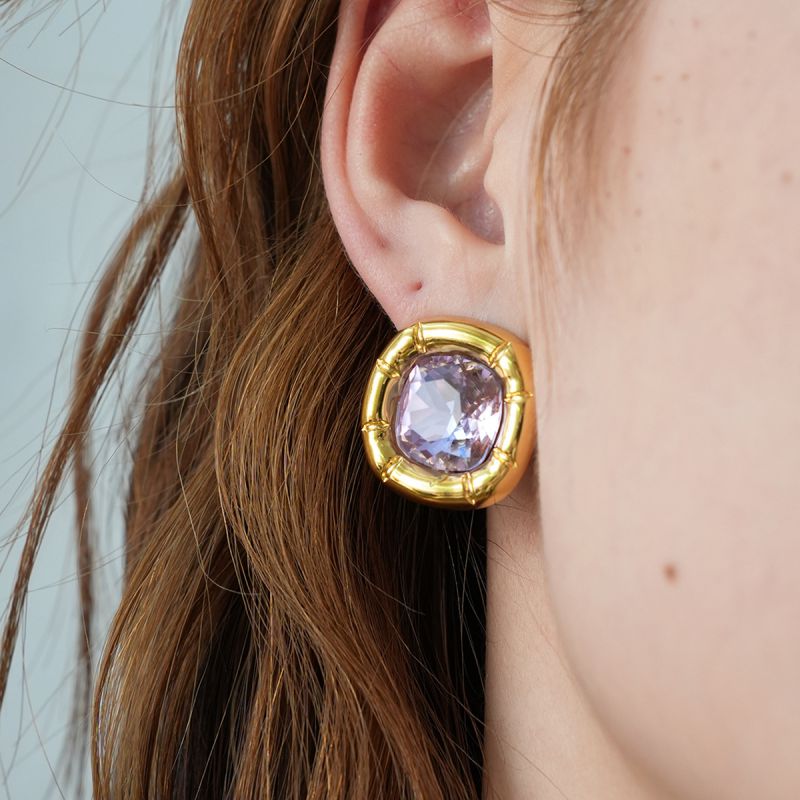 Purple 304 Stainless Steel Diamond-set Square Stud Earrings