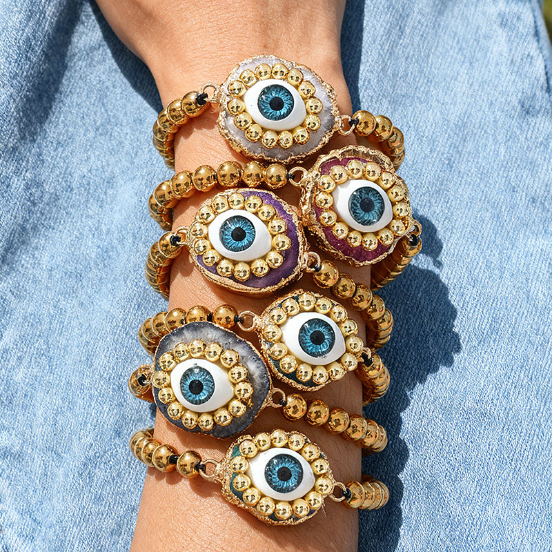 Purple Irregular Natural Stone Eye Beaded Braided Bracelet