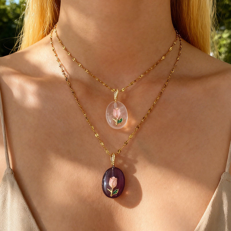 Purple Oval Natural Stone Drop Flower Titanium Steel Necklace