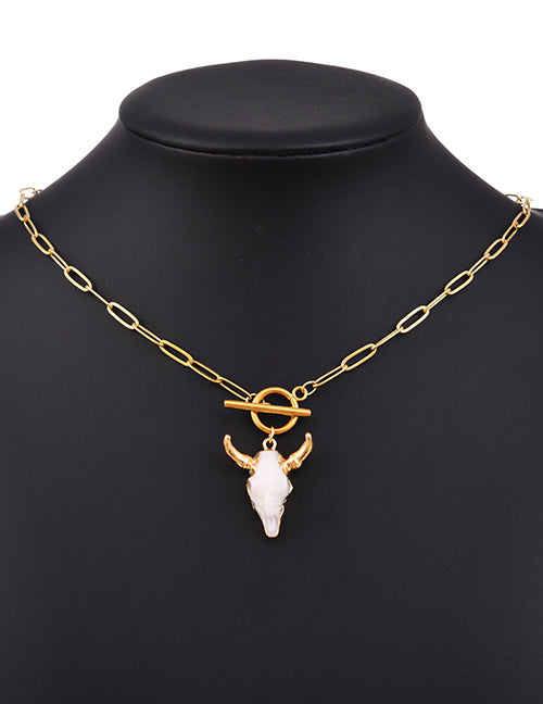 Fashion Gold+silver Titanium Steel Shell Bull Head Ot Buckle Necklace