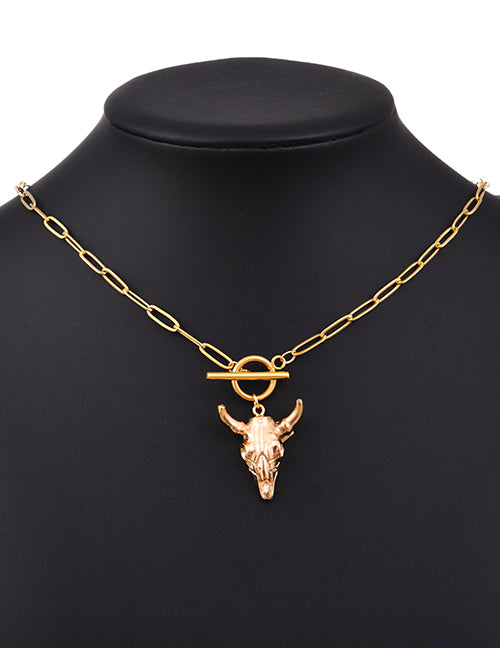 Fashion Gold+silver Titanium Steel Shell Bull Head Ot Buckle Necklace