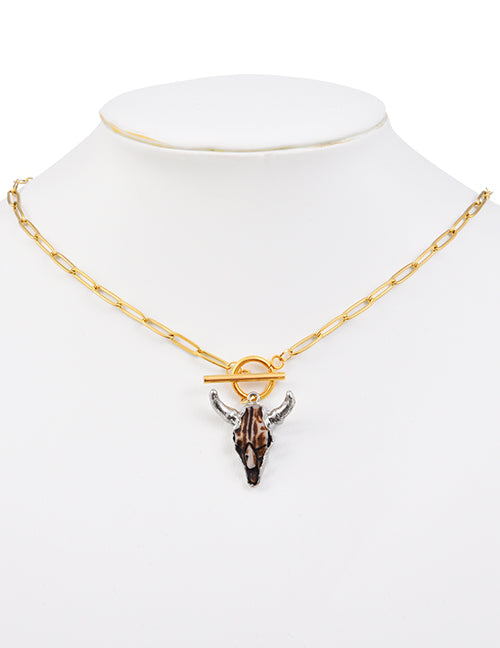Fashion Gold+silver Titanium Steel Shell Bull Head Ot Buckle Necklace