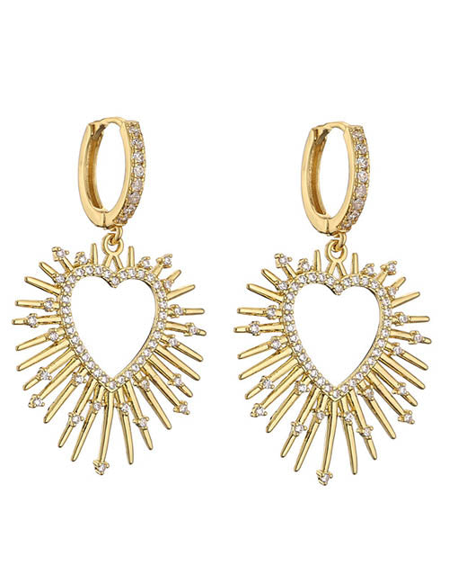 Fashion 1 Pair Of Golden White Diamond Earrings Brass Inset Zirconium Spiked Heart Earrings