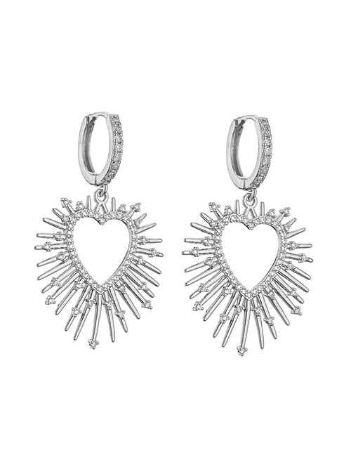 Fashion 1 Pair Of Golden White Diamond Earrings Brass Inset Zirconium Spiked Heart Earrings