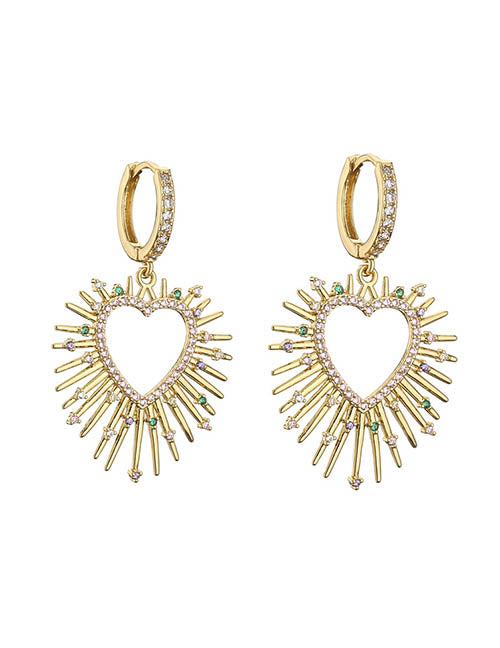 Fashion 1 Pair Of Golden White Diamond Earrings Brass Inset Zirconium Spiked Heart Earrings