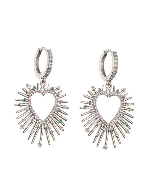 Fashion 1 Pair Of Golden White Diamond Earrings Brass Inset Zirconium Spiked Heart Earrings