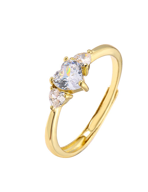 Fashion Golden Trumpet Heart Brass Zirconium Heart Open Ring