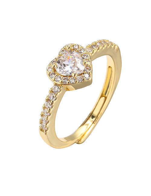 Fashion Golden Trumpet Heart Brass Zirconium Heart Open Ring