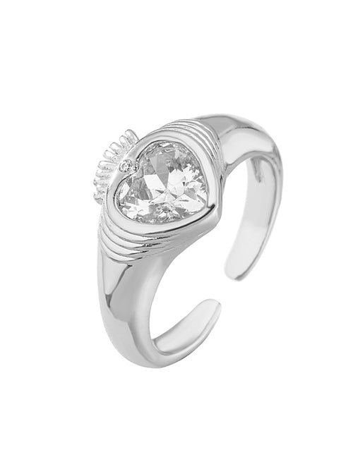 Fashion Golden Trumpet Heart Brass Zirconium Heart Open Ring