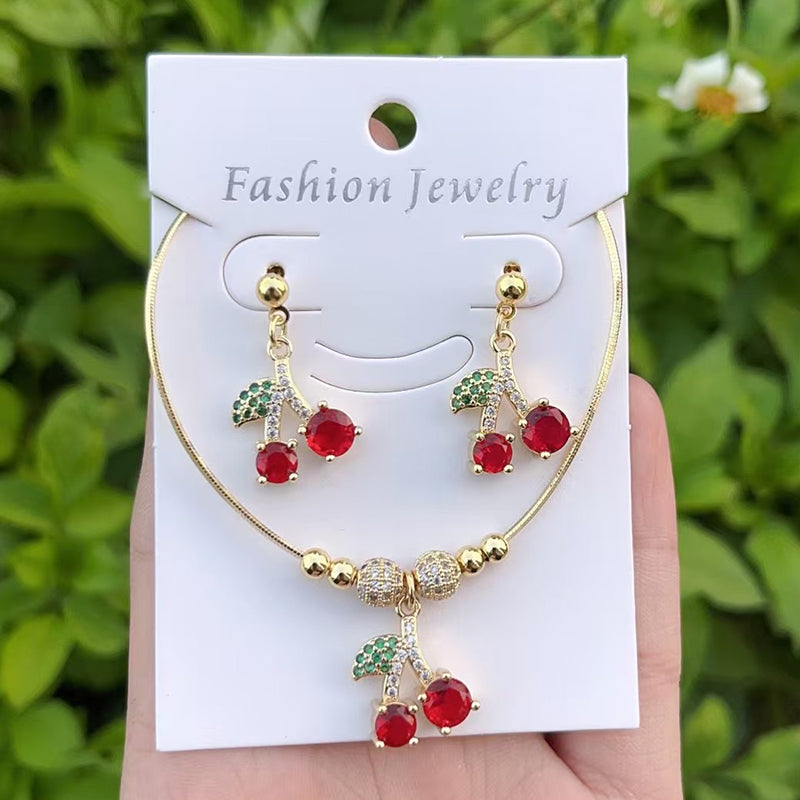 Red 1 Copper Inlaid Zircon Cherry Beaded Necklace Earrings Set (4mm)