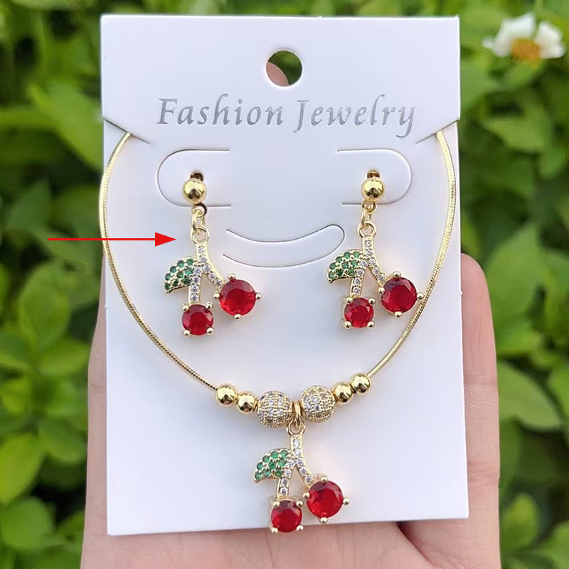 Red 1 Copper Inlaid Zircon Cherry Beaded Necklace Earrings Set (4mm)