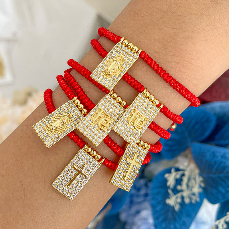 Red 1 Copper Inlaid Zircon Square Portrait Beaded Braided Bracelet