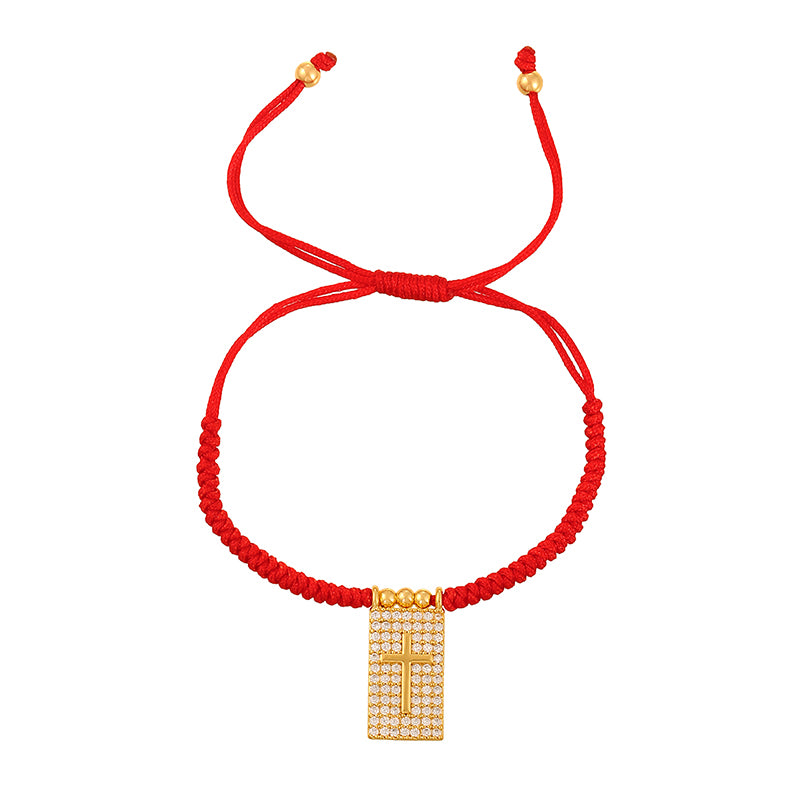 Red 1 Copper Inlaid Zircon Square Portrait Beaded Braided Bracelet