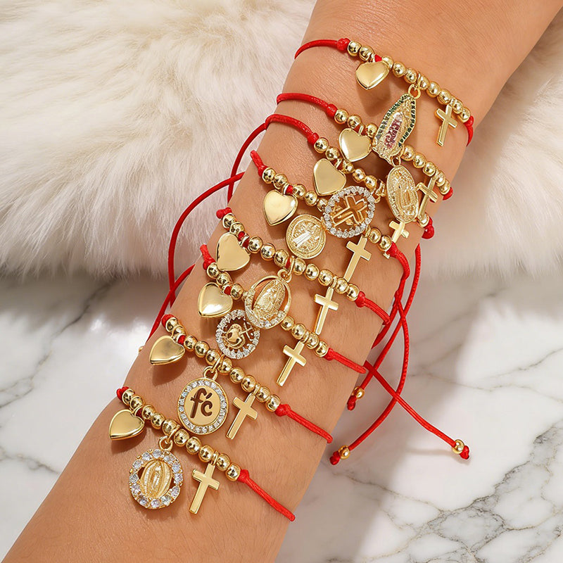 Red 1 Copper-set Zircon Religious Series Beaded Braided Bracelet