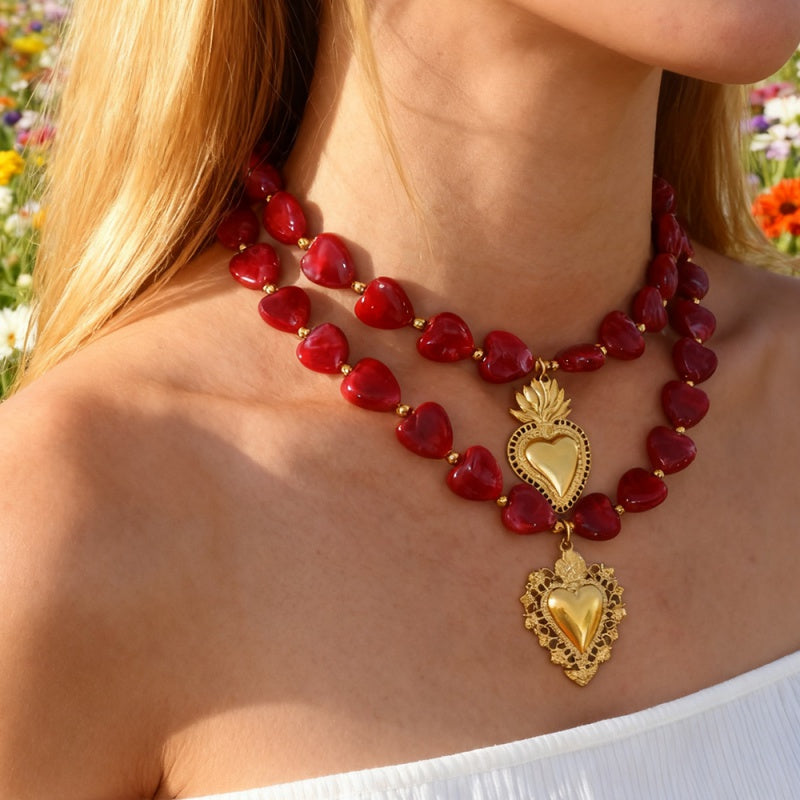 Red 1 Titanium Steel Heart-shaped Resin Beaded Necklace