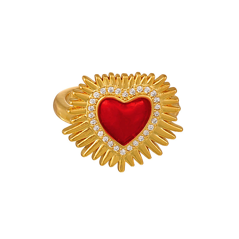 Red 2 Copper Ring With Zircon Setting And Irregular Heart-shaped Opening.