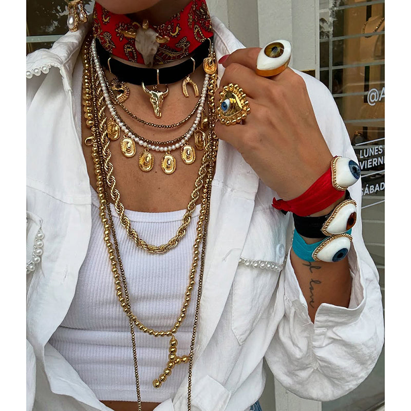 Red Alloy Bull Head Fabric Print Necklace