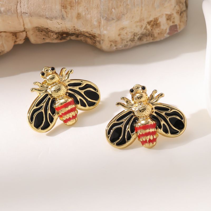 Red And Black Stainless Steel Bee Earrings