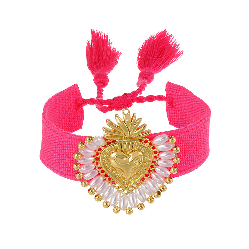 Red Copper Heart Beaded Pearl Braided Tassel Bracelet