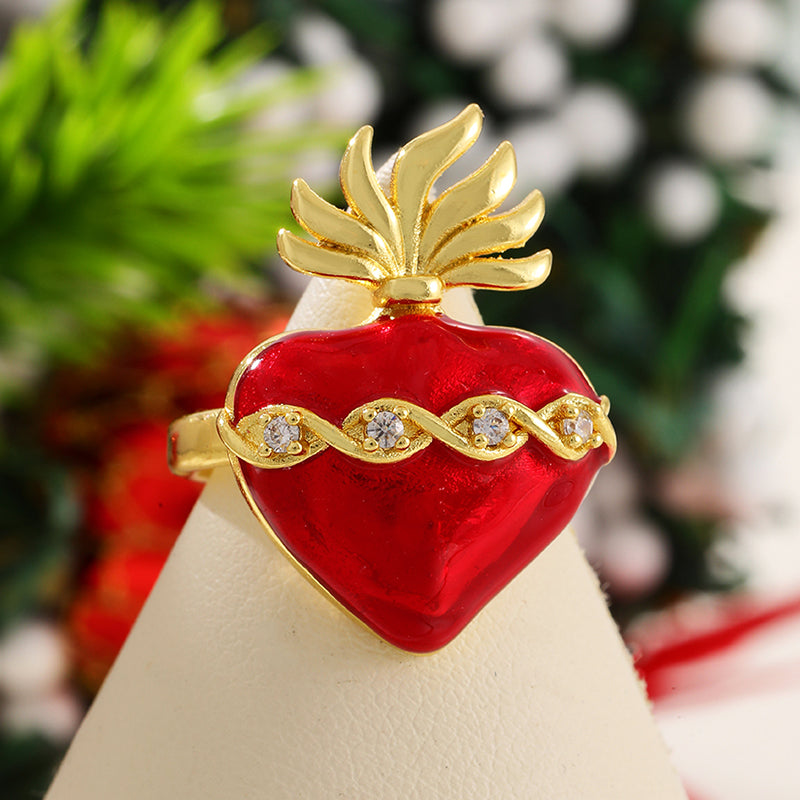 Red Copper Inlaid Zircon Oil Dripping Heart Ring