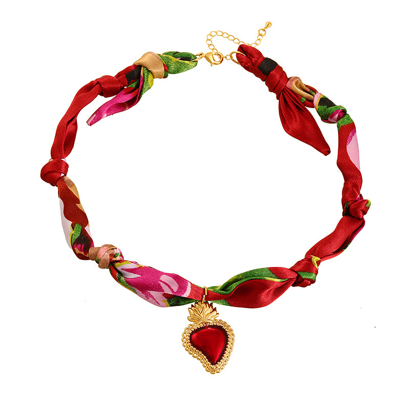 Red Copper Oil Drop Heart Series Printed Fabric Necklace