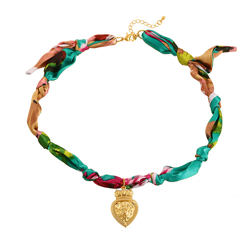 Red Copper Oil Drop Heart Series Printed Fabric Necklace