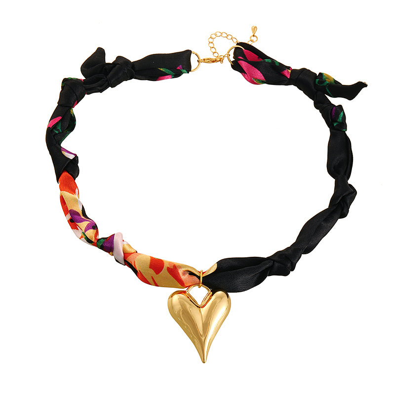 Red Copper Oil Drop Heart Series Printed Fabric Necklace