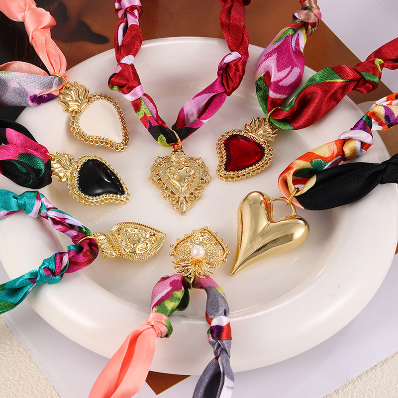 Red Copper Oil Drop Heart Series Printed Fabric Necklace