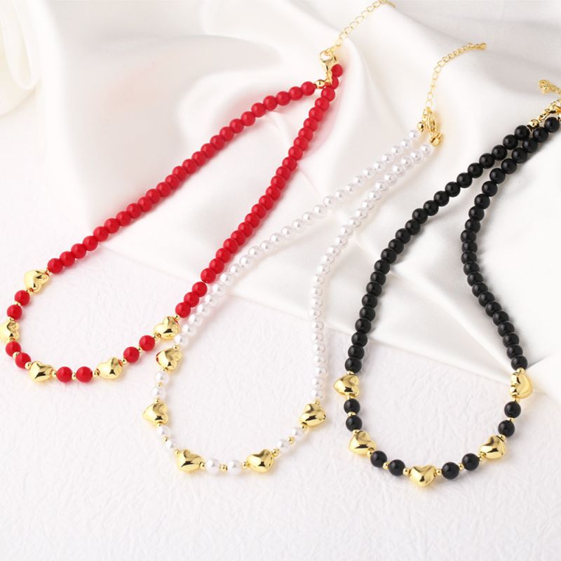 Red Gold-plated Copper Heart Beaded Necklace