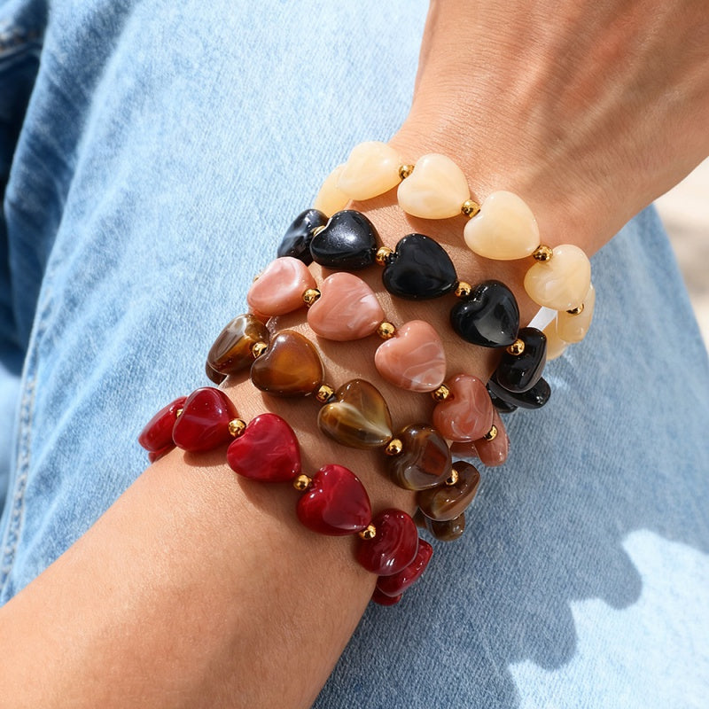 Red Resin Heart Titanium Steel Beaded Bracelet