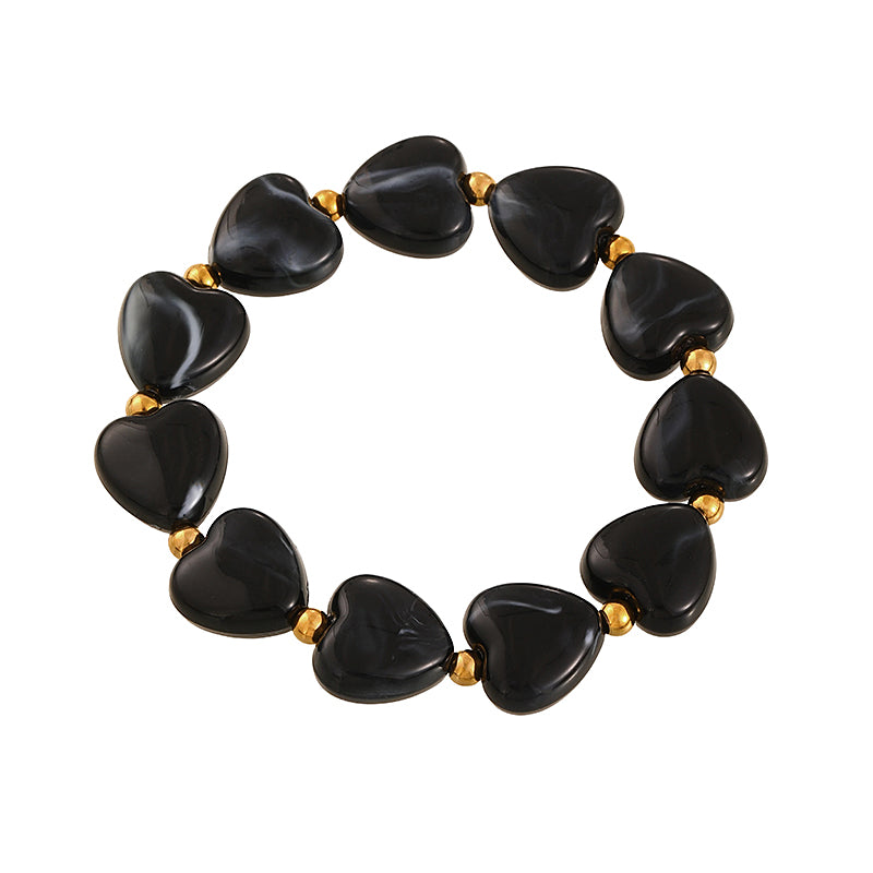 Red Resin Heart Titanium Steel Beaded Bracelet