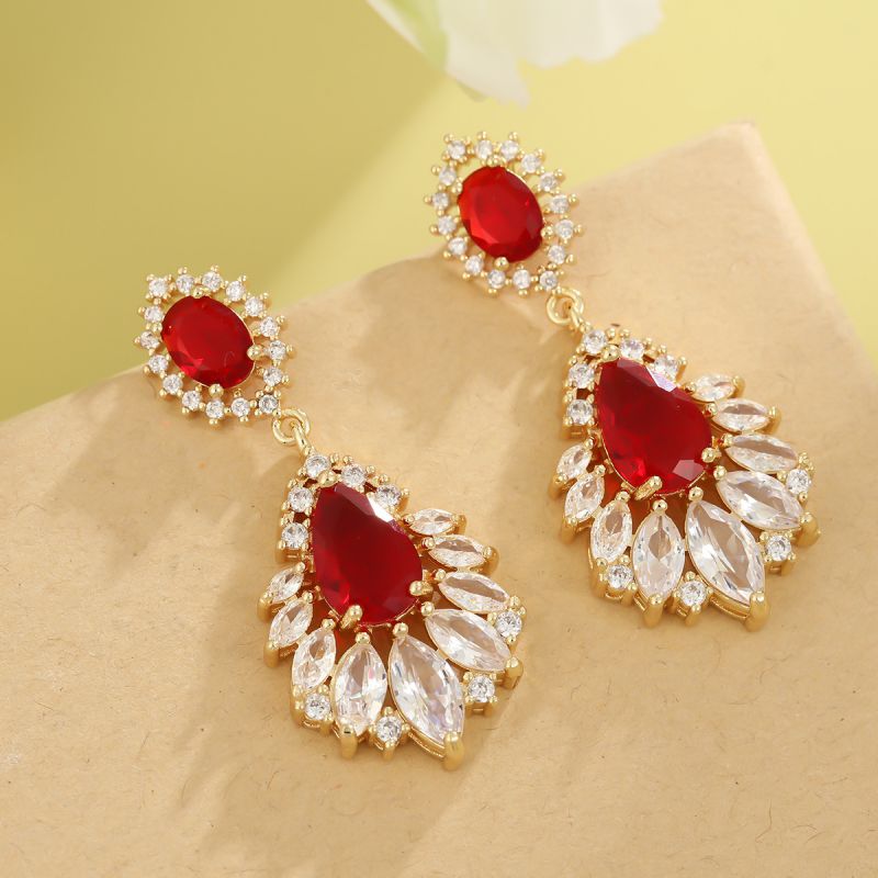 Red - Teardrop Tassels Copper And Diamond-encrusted Teardrop Earrings