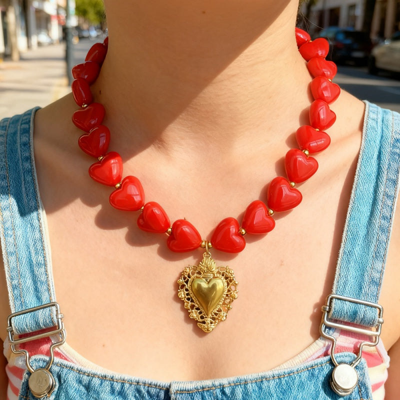 Red Titanium Steel Heart Resin Beaded Necklace